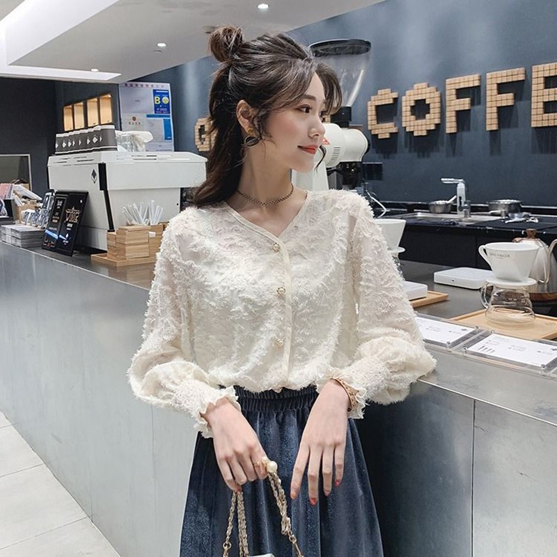 Mới Áo Chiffon cổ chữ V tay loe dáng rộng phối tua rua