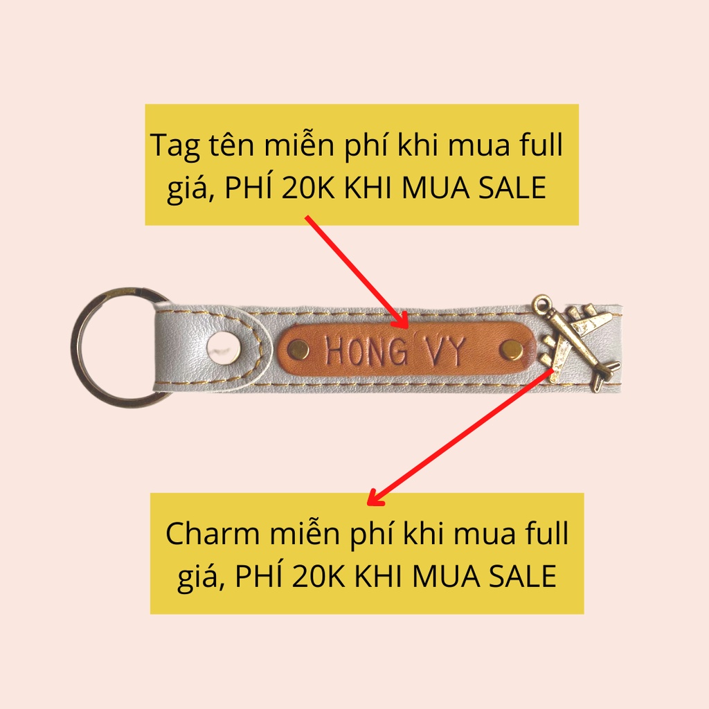 Móc khóa dây Vuông thiết kế tối giản có charm và tag tên đi kèm