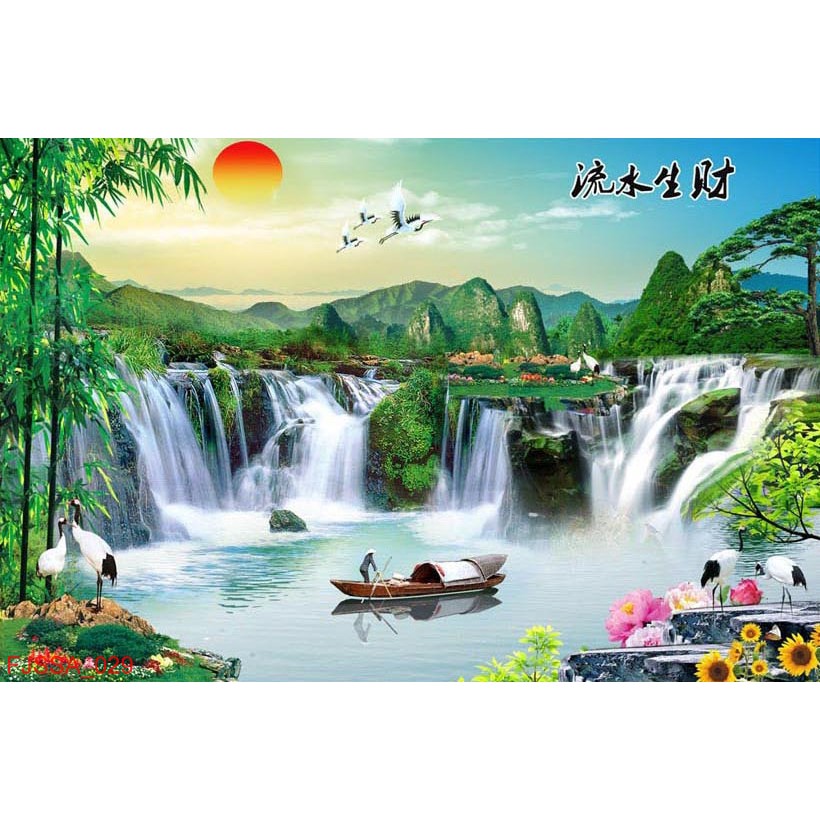 Tranh dán tường 3D thác nước sơn thủy