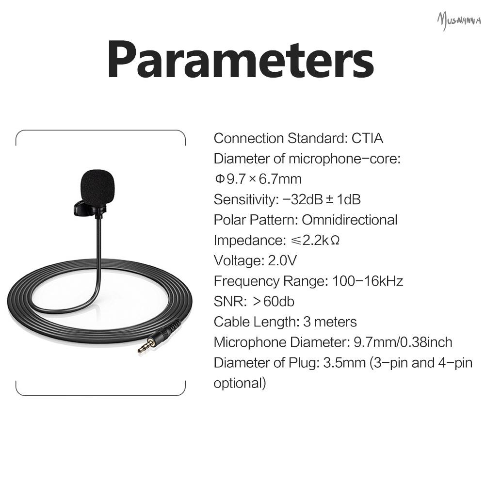 Micro Mini Kẹp Áo 3 Pin 3.5mm Dài 3m Có Dây Cáp Âm Thanh Hỗ Trợ Ghi Âm / Phỏng Vấn / Camera / Video Thẻ Âm Thanh