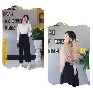 Set Áo Voan Lụa Thắt Nơ Lưng Mix Quần Ống Suông Ống Sớ  Đũi Tuyết Ulzzang