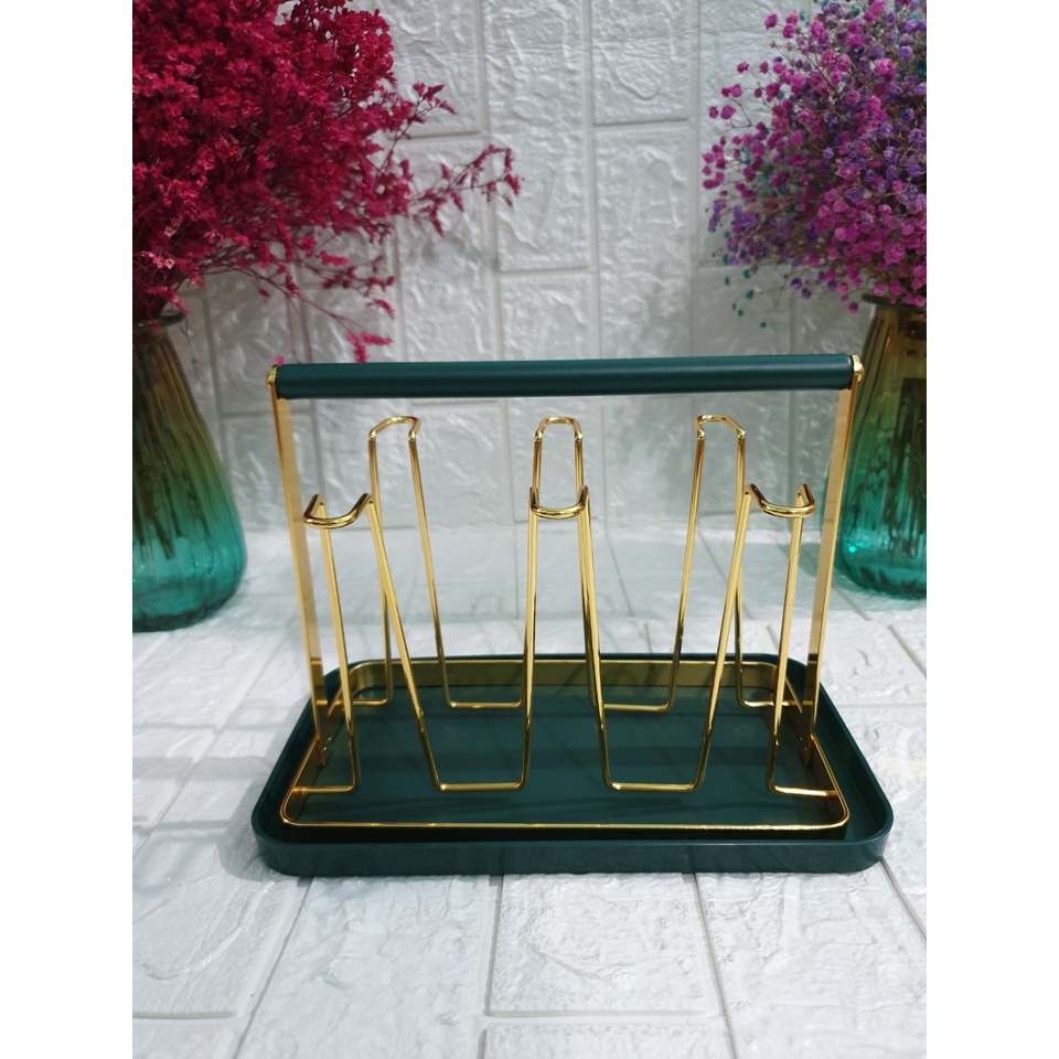 Khay úp cốc kèm bộ hứng nước tiện dụng,giá úp ly sơn tĩnh điện cao cấp,khay cắm cốc hợp kim mạ vàng cao cấp
