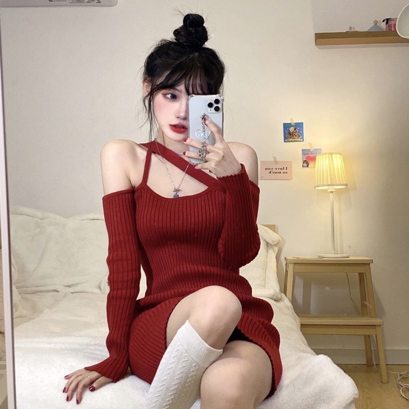 [Mã FAMARAL1 giảm 10K đơn 50K] ĐẦM BẸT VAI PHỐI DÂY ĐỎ TẾT ẢNH THẬT GIÁ SỐC TET1