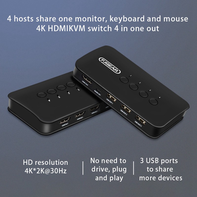 FJGEAR KVM Switch 4 Port Manual HDMI-Compatible KVM Switch 4 in 1 Out Multiple Computers Share USB Device Monitor