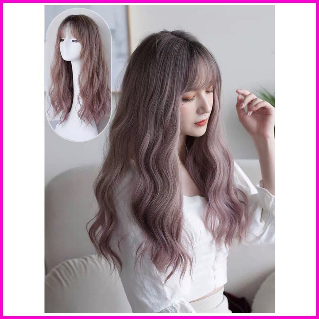 Tóc giả nữ cao cấp nguyên đầu xù omber khói xanh xu hướng 2021