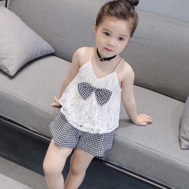 Set bộ áo ren nơ caro 85k
