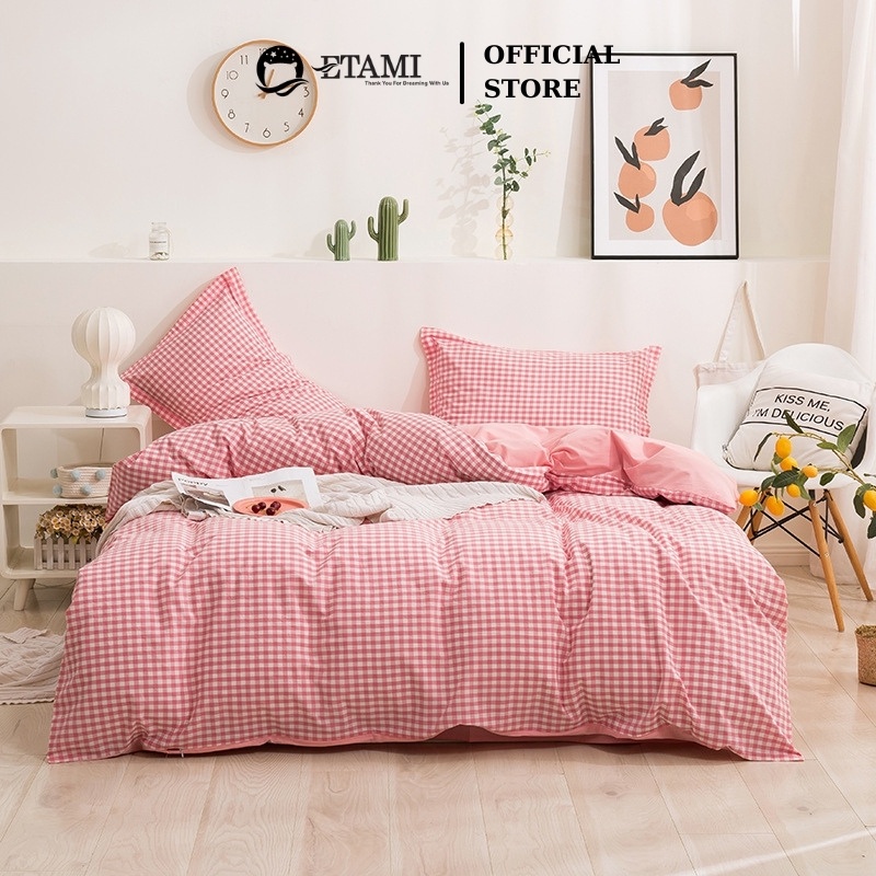 Bộ chăn ga gối ETAMI cotton poly kẻ hồng nhí cute miễn phí bo chun drap giường ga trải giường P11