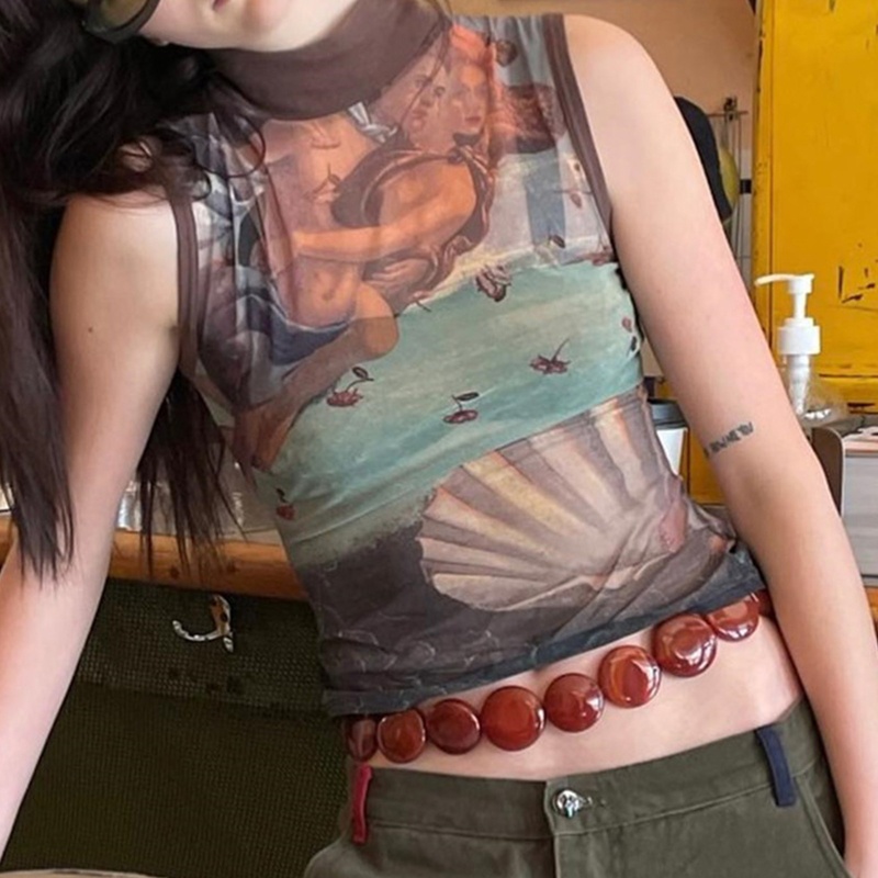 Áo Croptop Lưới Không Tay In Họa Tiết Trừu Tượng Phong Cách Harajuku Cổ Điển Dành Cho Nữ