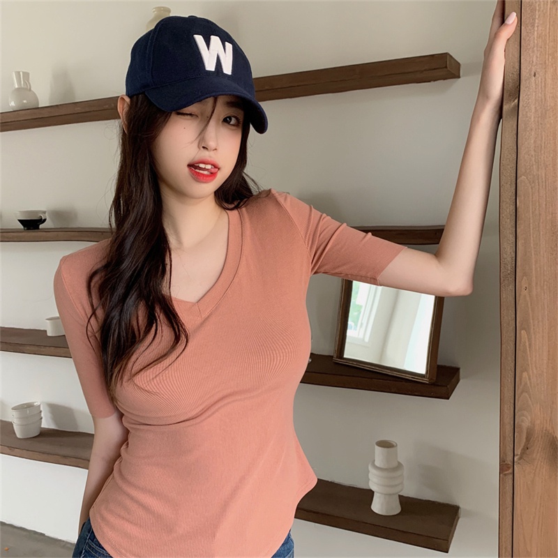 SUXI Áo Thun Tay Ngắn Cổ Chữ V Màu Sắc Đơn Giản Thời Trang Mùa Hè Dành Cho Nữ