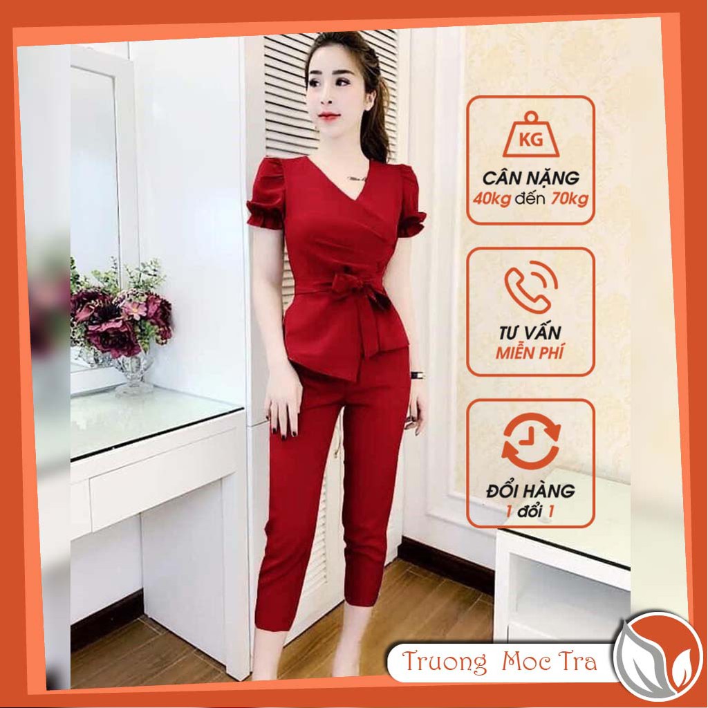 Đồ Bộ Cát Hàn Nữ Tay Bồng Eo Thắt Nơ Thanh Lịch Cho Nữ Đi Làm, Đi Chơi