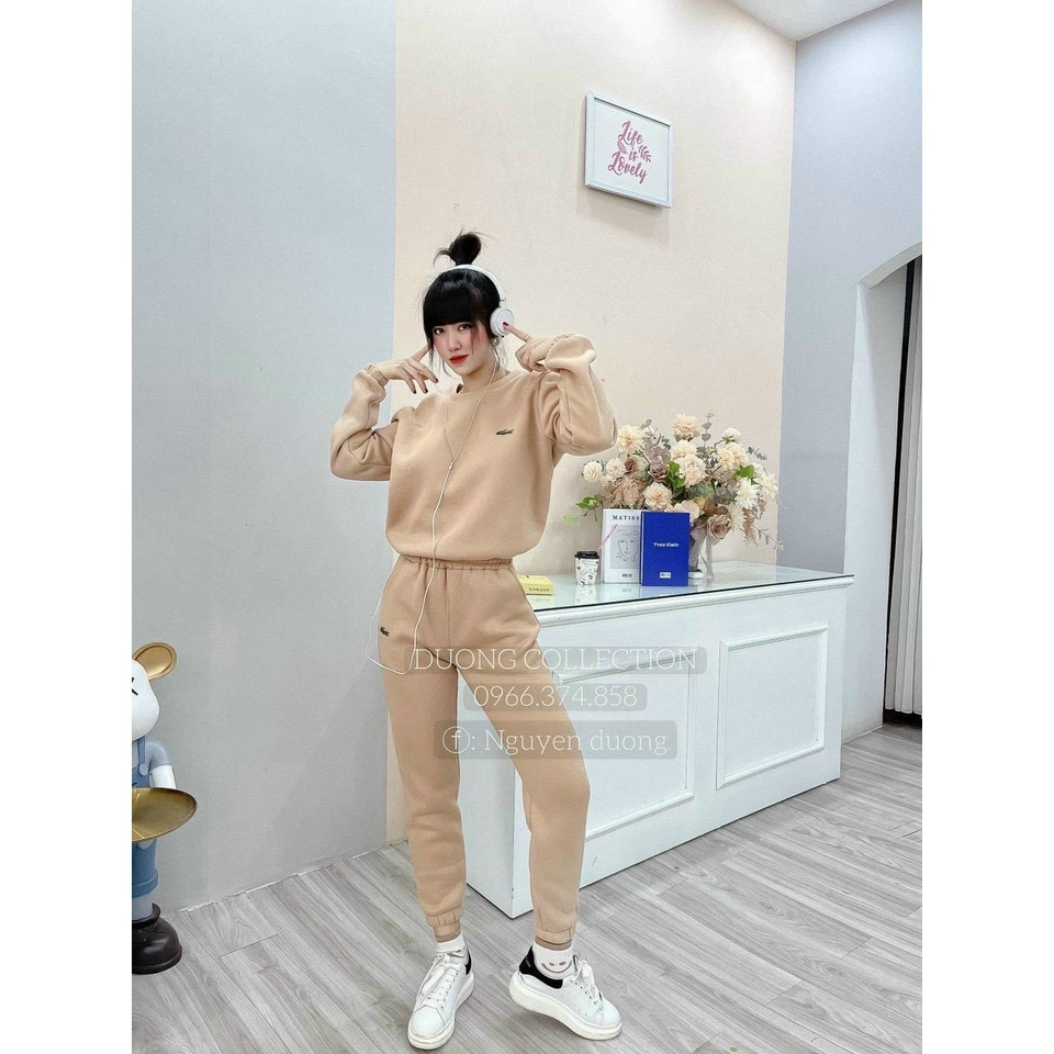 (ƯU Đãi FreeShip) Bộ thể thao nữ,bộ nỉ thêu cá sấu tay dài rút dây lai phối quần bo có túi,hàng chuẩn shop