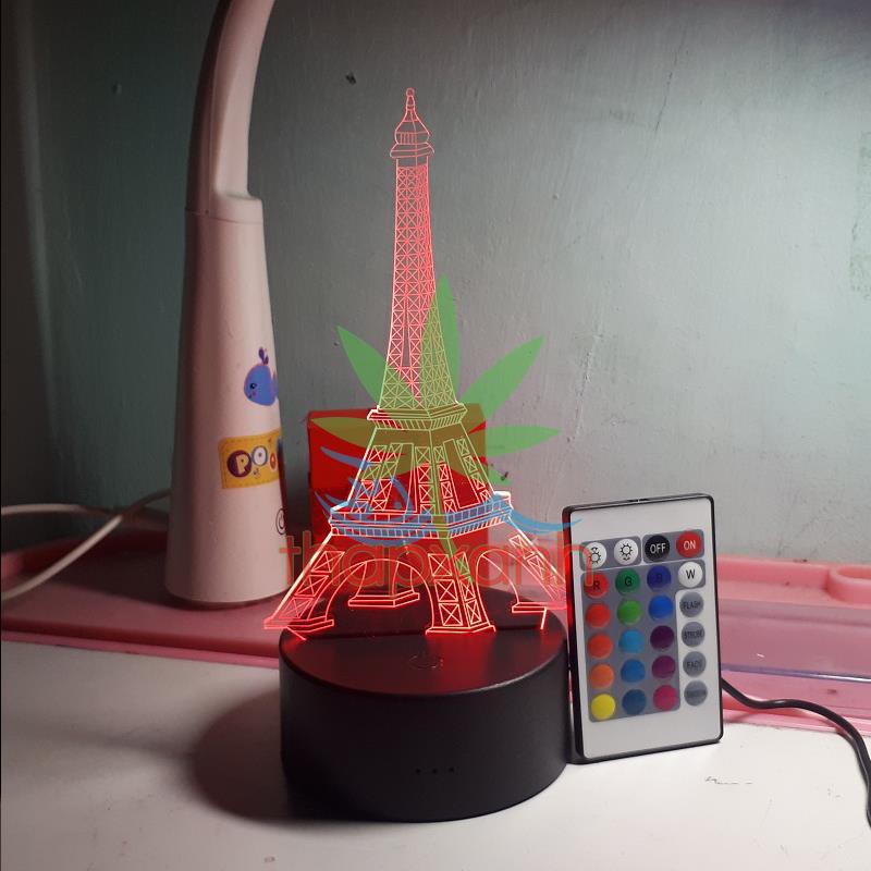 Đèn ngủ, Đèn trang trí Led 3D, Đèn ngủ 16 màu mini có điều khiển Tháp Eiffel