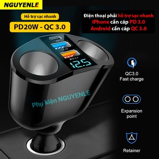 Bộ chia tẩu sạc ô tô, tẩu sạc nhanh PD 20W QC 3.0 18W tẩu tàn thuốc