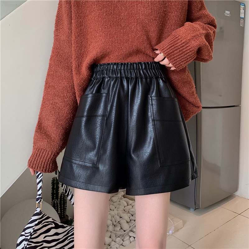 Sale 68% Quần Short Da Lưng Cao Ống Rộng Thời Trang Thu Đông Cho Nữ, black,S Giá gốc 423000đ - 10M20