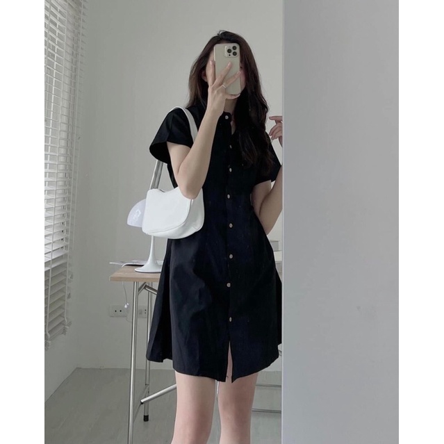 Váy sơ mi dáng chữ A kaki thô chun sau - Váy sơ mi công sở dáng A chất kaki thô