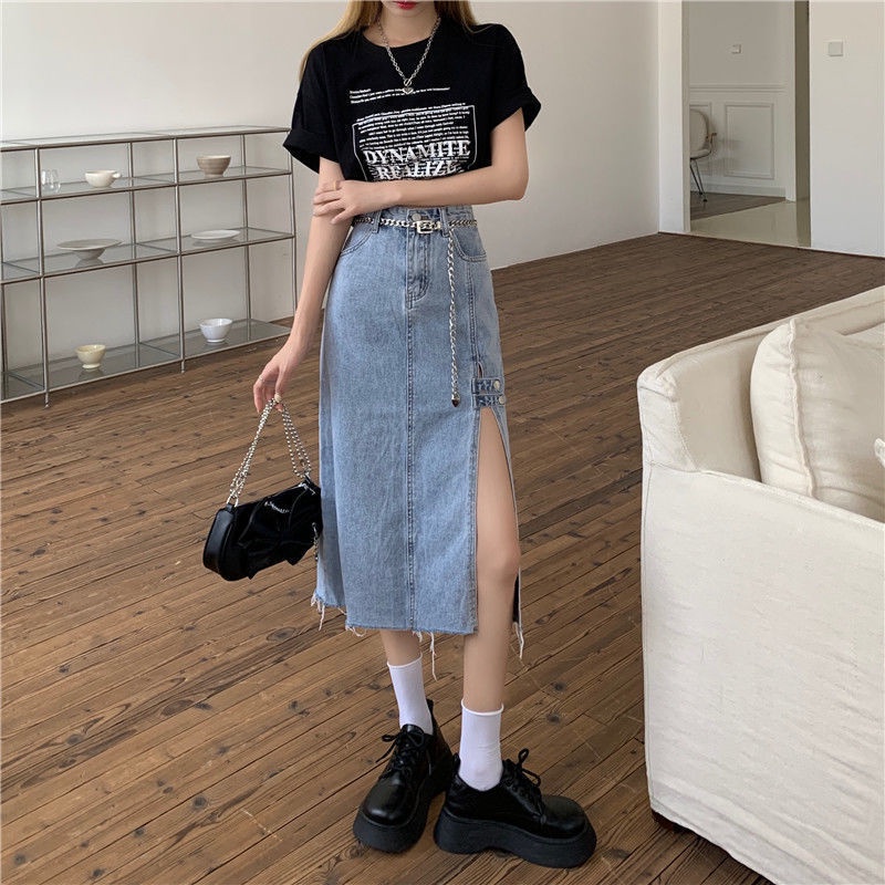 Chân váy IELGY denim lưng cao xẻ tà có size lớn thời trang cho nữ