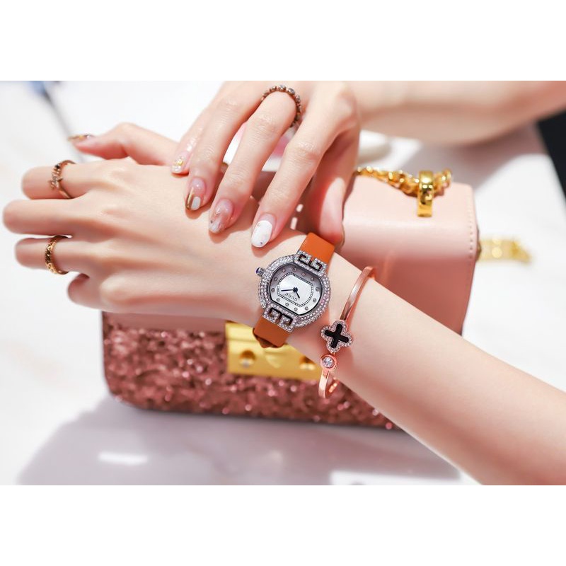 Đồng hồ nữ Guou đeo tay dây da đẹp viền đá vàng hồng chính hãng chống nước cao cấp