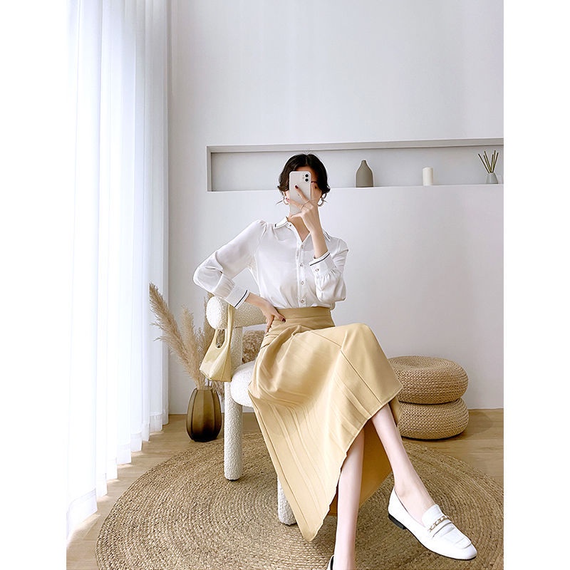 Chân váy dài vừa phải xếp ly dáng chữ A lưng cao thời trang mùa hè 2022 mỏng dành cho nữ