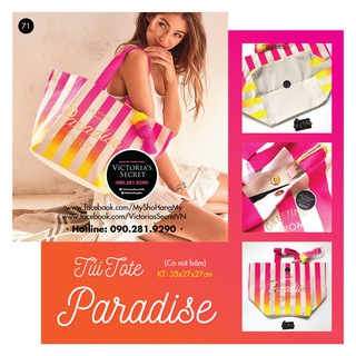 Túi mùa hè Paradise sọc hồng, in chữ vàng nổi bật, tặng dây đeo - Victoria's Secret USA