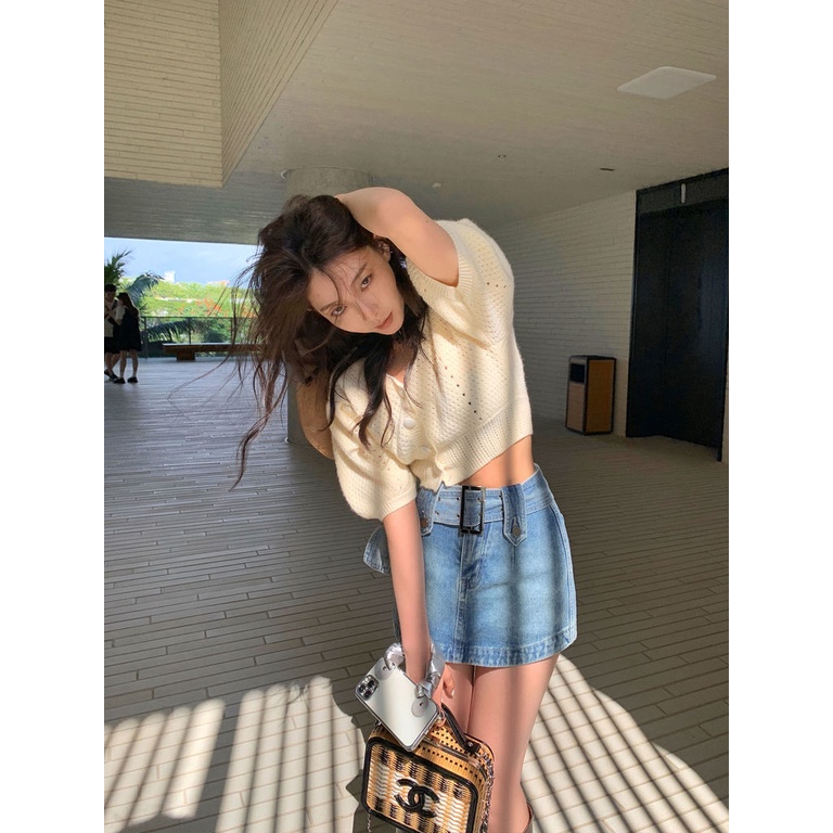 Áo cardigan Ngắn Tay Cổ Chữ V Thiết Kế Đục Lỗ Thời Trang Mùa Xuân Mới Cho Nữ