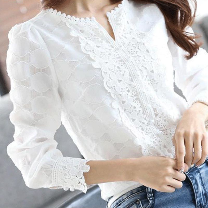 Áo sơ mi kiểu tay dài cổ V viền ren thanh lịch cho nữ