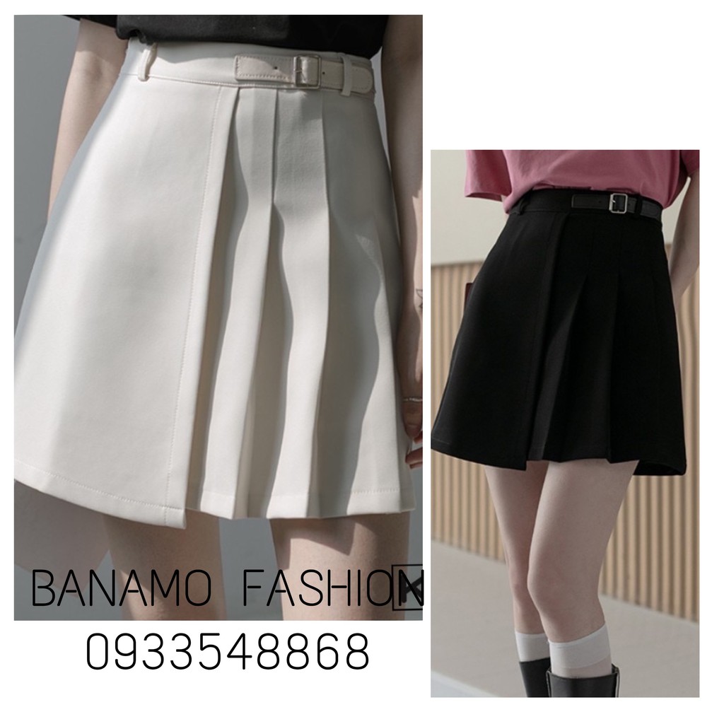 Chân Váy Xếp Ly Phối Đai Lệch Chân Váy Ngắn Dáng Chữ A Chất Tuyết Mưa Thời Trang Công Sở Banamo Fashion 5318