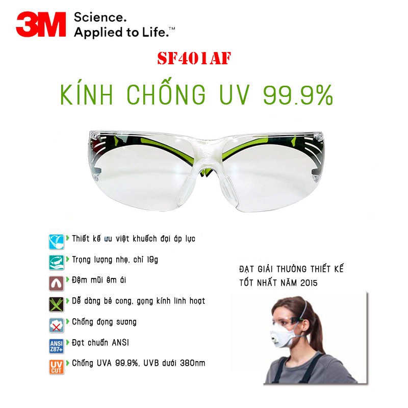 Kính bảo hộ 3M SF401AF kính chống bụi chống tia UV chống đọng sương chống trầy xước (màu trắng)