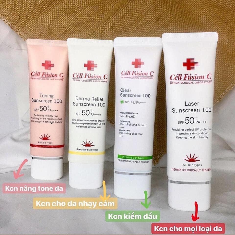 Kem chống nắng Cell Fusion C Laser Sunscreen 100/Toning Suncream 100 SPF50+/PA+++ (Xanh - Đỏ - Hồng - Vàng