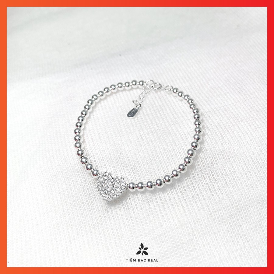 Lắc tay tim dây bi viền đá tinh tế, lắc tay bạc nguyên chất lành tính | BigBuy360 - bigbuy360.vn