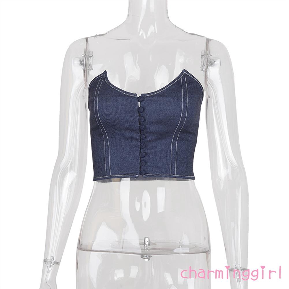 Áo Croptop Denim Cúp Ngực Phối Nút Thiết Kế Cổ Chữ V Quyến Rũ | BigBuy360 - bigbuy360.vn