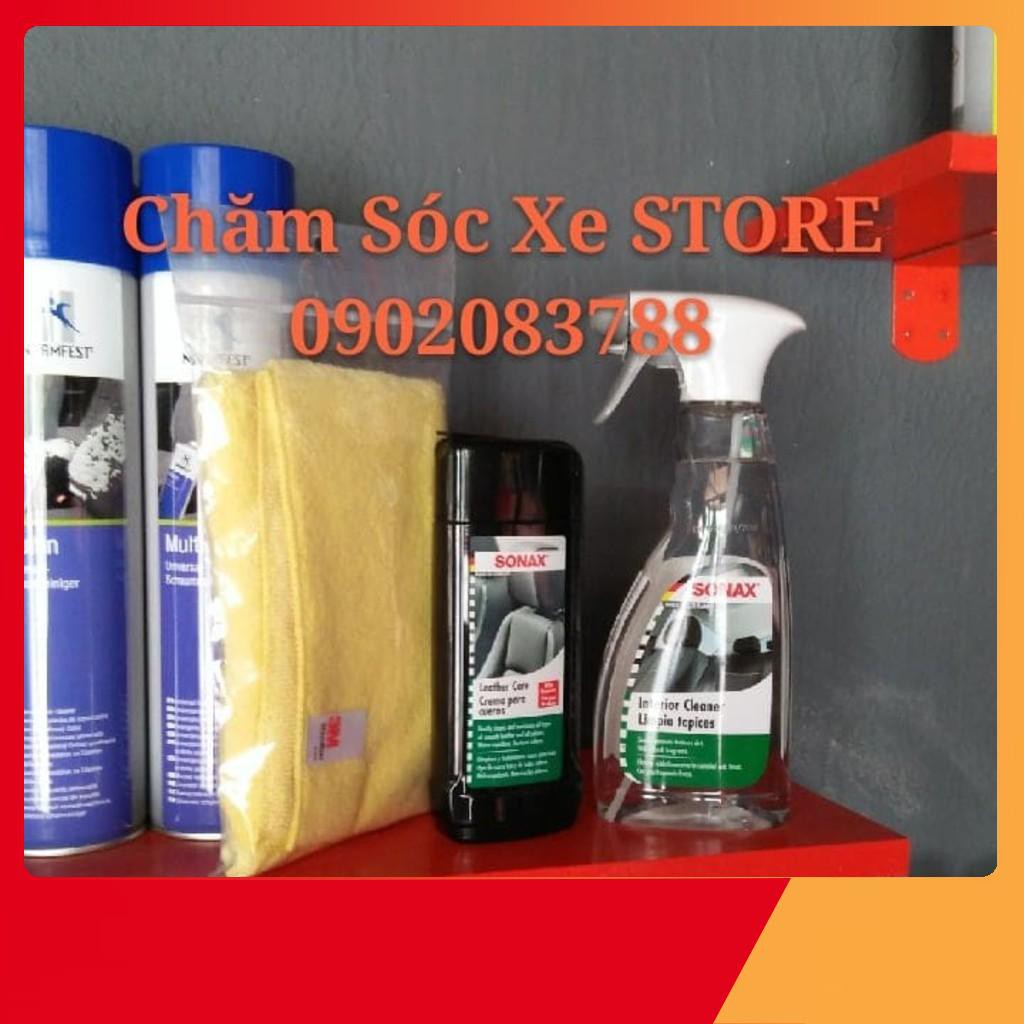 Bộ Dung dịch vệ sinh nội thất xe Sonax 321200 (500ml) và Kem dưỡng ghế da Sonax 291141 (250ml)- tặng khăn