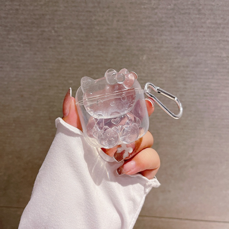 Vỏ Bảo Vệ Hộp Sạc Tai Nghe Xiaomi Redmi Buds 3 Trong Suốt Hình Gấu Hello Kitty 3D Dễ Thương Kèm Móc
