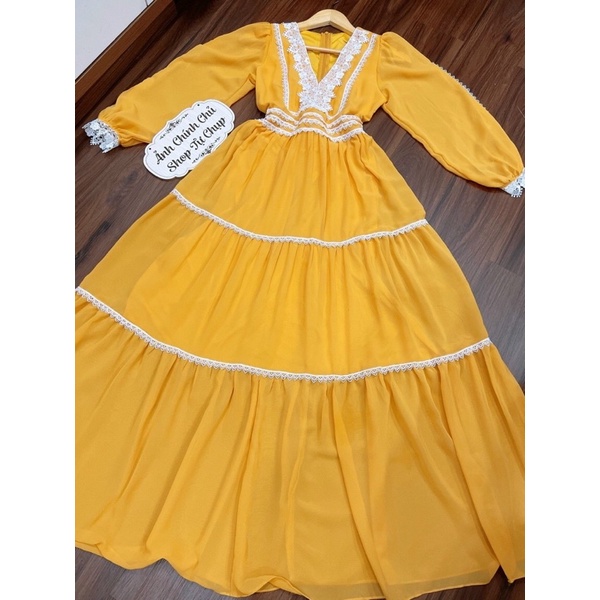 Đầm maxi dài tay phối ren xoè 3 màu sàn thật