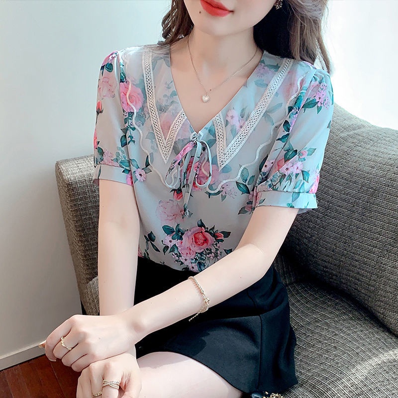 Áo Sơ Mi Chiffon Tay Ngắn Cổ Búp Bê In Họa Tiết Hoa Thời Trang Mùa Hè Kiểu Mới Cho