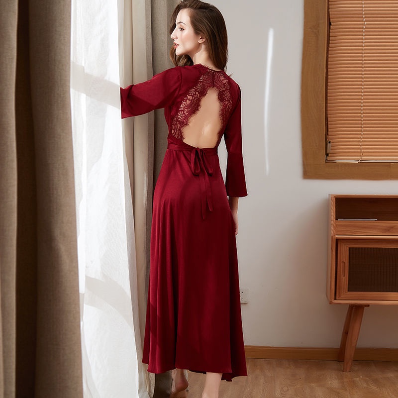 Áo choàng ngủ dài bằng lụa satin phối ren hở lưng màu trơn quyến rũ cho nữ