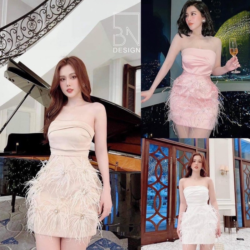 Đầm lụa quây body đính hoa lông vũ