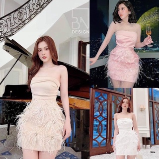 Đầm lụa quây body đính hoa lông vũ