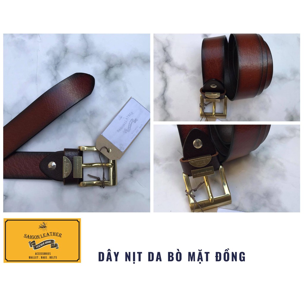 Dây Nịt Da Bò Tự Nhiên Viền Đen - Mặt Đồng Đúc Nguyên Khối LB006