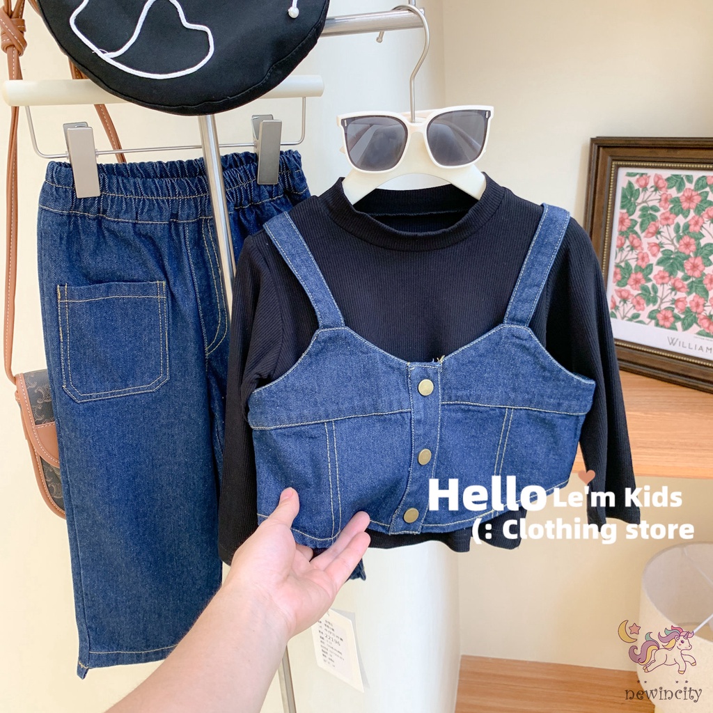 Set Đồ Mùa Đông 3 Món Gồm Áo Denim Không Tay + Áo Cổ Lọ + Quần Denim Phong Cách Hàn Quốc Cho Bé Gái