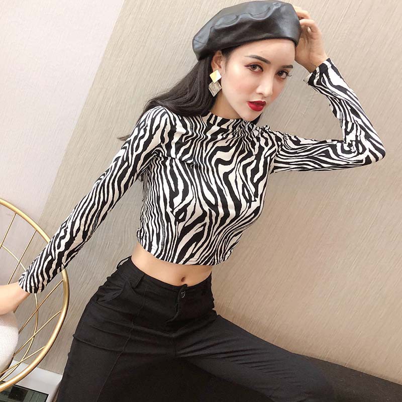 Áo Croptop Tay Dài Cổ Lọ In Họa Tiết Da Báo / Ngựa Vằn Cá Tính Cho Nữ | BigBuy360 - bigbuy360.vn