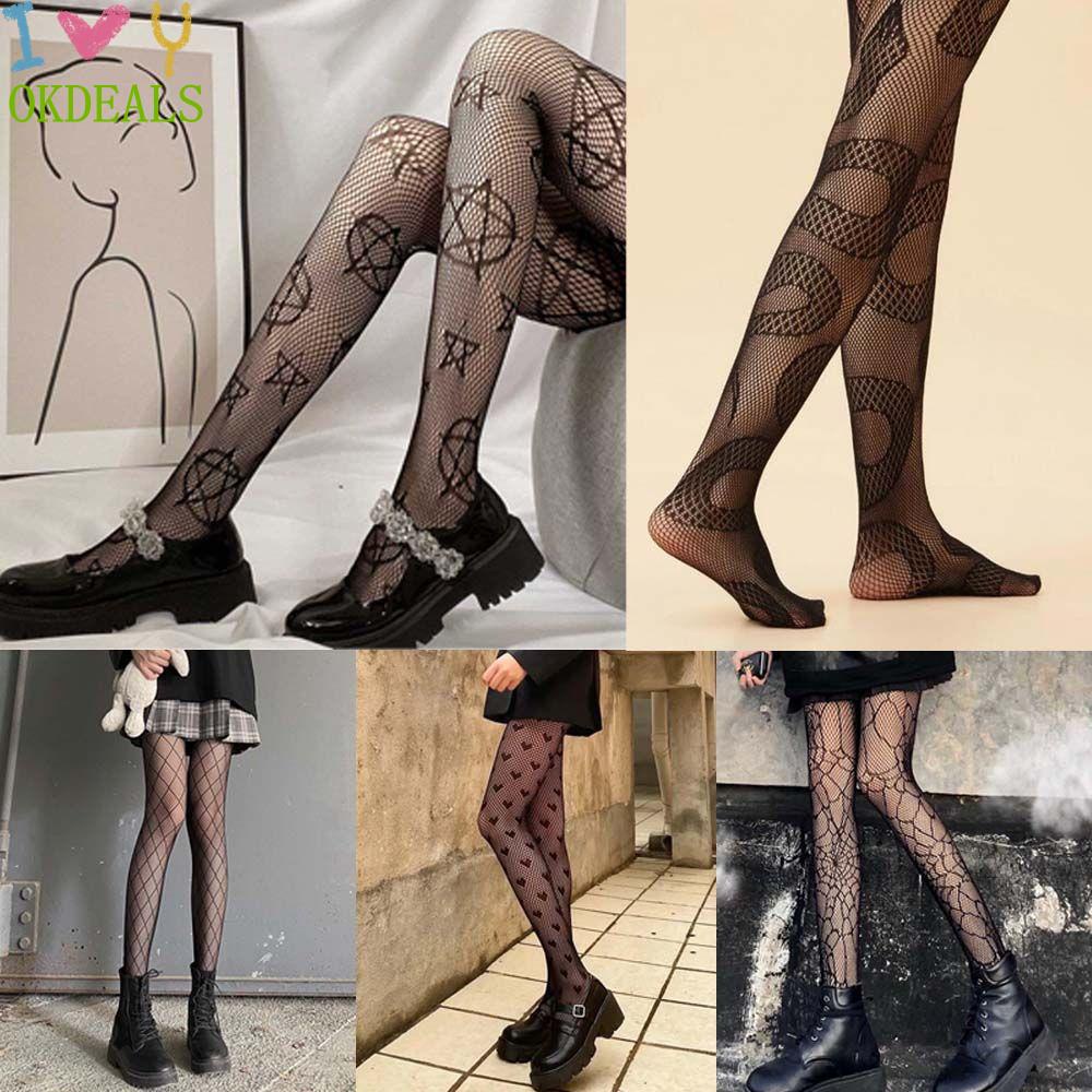 Okdeals Quần Tất Lưới Màu Đen Phong Cách Gothic JK Phong Cách Punk Cho Nữ