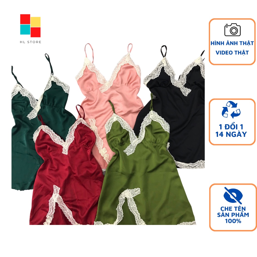 Đầm ngủ 2 dây phối ren xẻ đùi Hải Lan Store, lụa Satin cao cấp mềm mại, kèm quần đùi gợi cảm, freesize dưới 65kg
