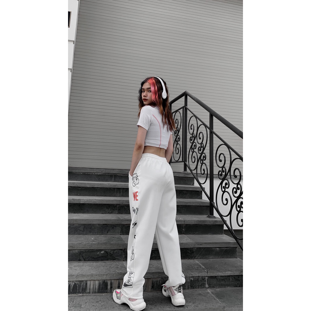 Quần jogger nữ ống rộng Delyn,quần ống rộng lưng thun thể thao thiết kế dây rút mặc suông bo gấu track pants