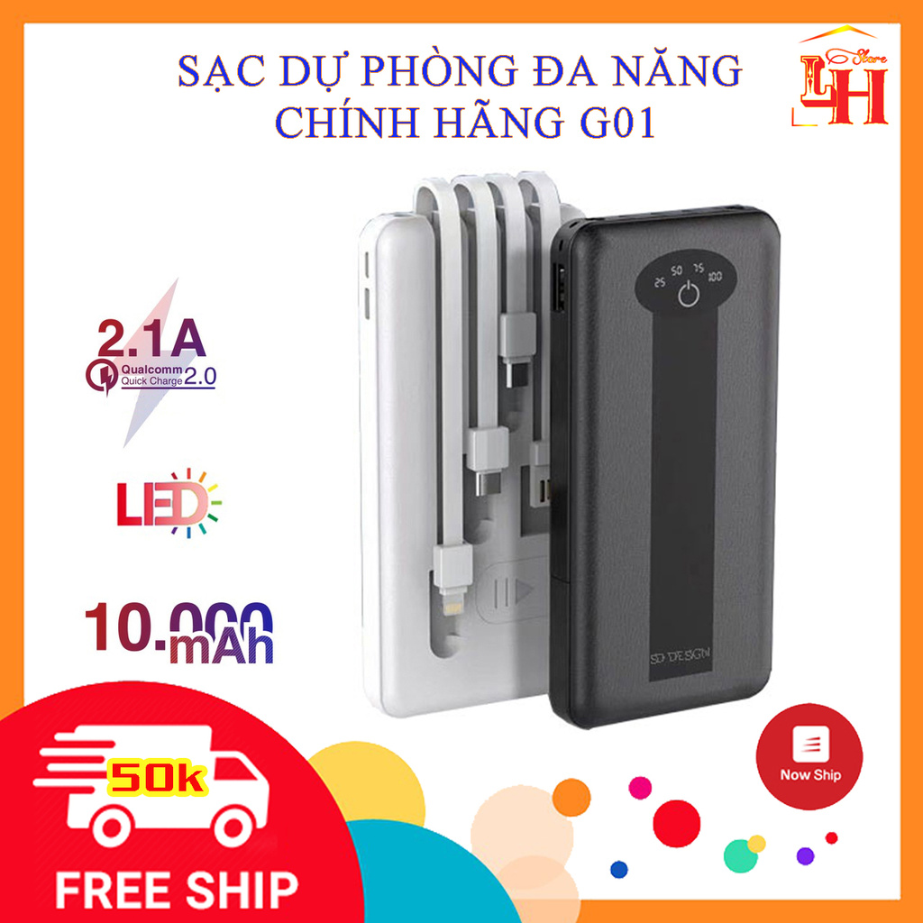 Sạc Dự Phòng G01 chính hãng SD DESIGN Pin 10.000 mAh có 4 Cáp Sạc Micro Lingtning TypeC chân sạc cho iphone samsung oppo