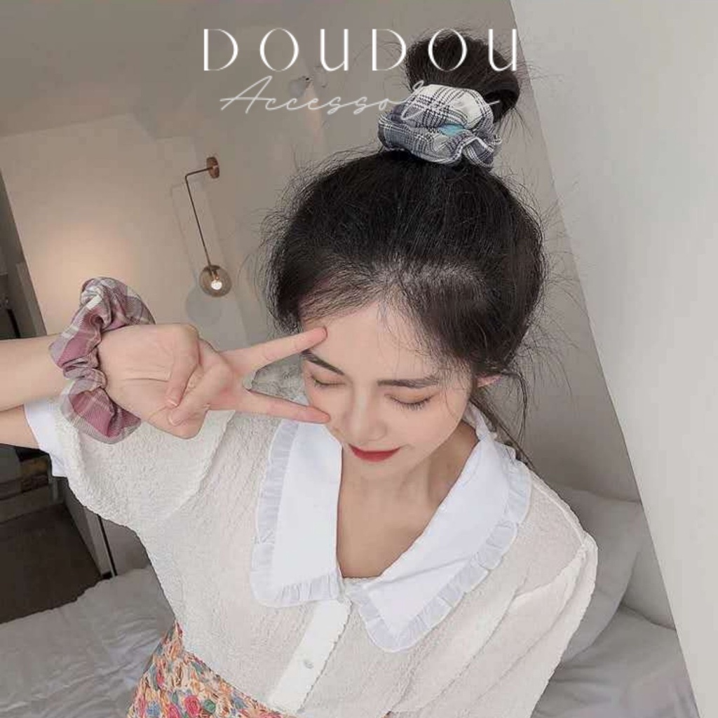 Dây buộc tóc Scrunchies Doudou Dây cột tóc vải hoạ tiết caro mix màu phong cách JK nữ sinh trung học thời trang FQ001