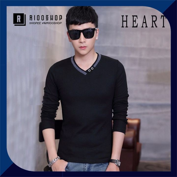 Áo thun nam tay dài hàn quốc cổ tim hai nút cổ RKL013 - áo phông nam dài tay đẹp Riooshop | BigBuy360 - bigbuy360.vn