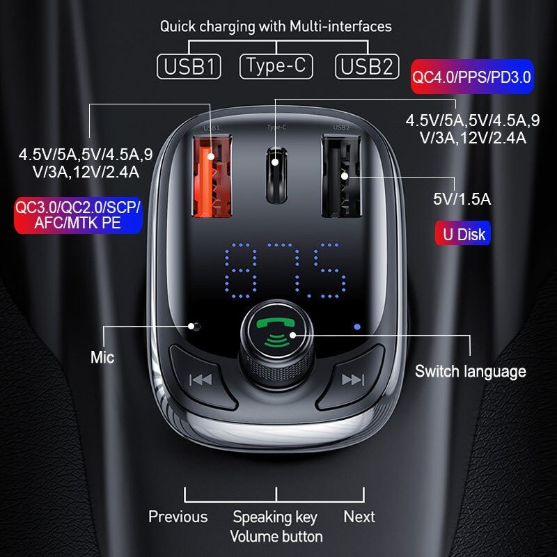 Tẩu sạc ô tô Baseus S13 sạc nhanh QC 4.0 , PD 36W Max cho điện thoại , Bluetooth 5.0 tích hợp FM, thẻ nhớ TF SD, USB x2