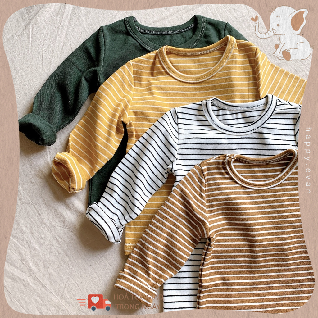 🅷.🄴🅅🄰🄽 Áo thun sọc basic dài tay cho bé trai bé gái, cổ tròn, chất vải cao cấp mềm co giãn tốt.