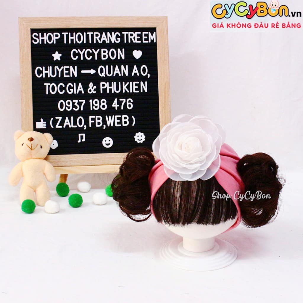 Mũ / Nón Turban Tóc Giả Cho Bé Gái Hồng Ruốc Bông Trắng Kèm Tóc Mái Ngang Và Búi 2 Bên