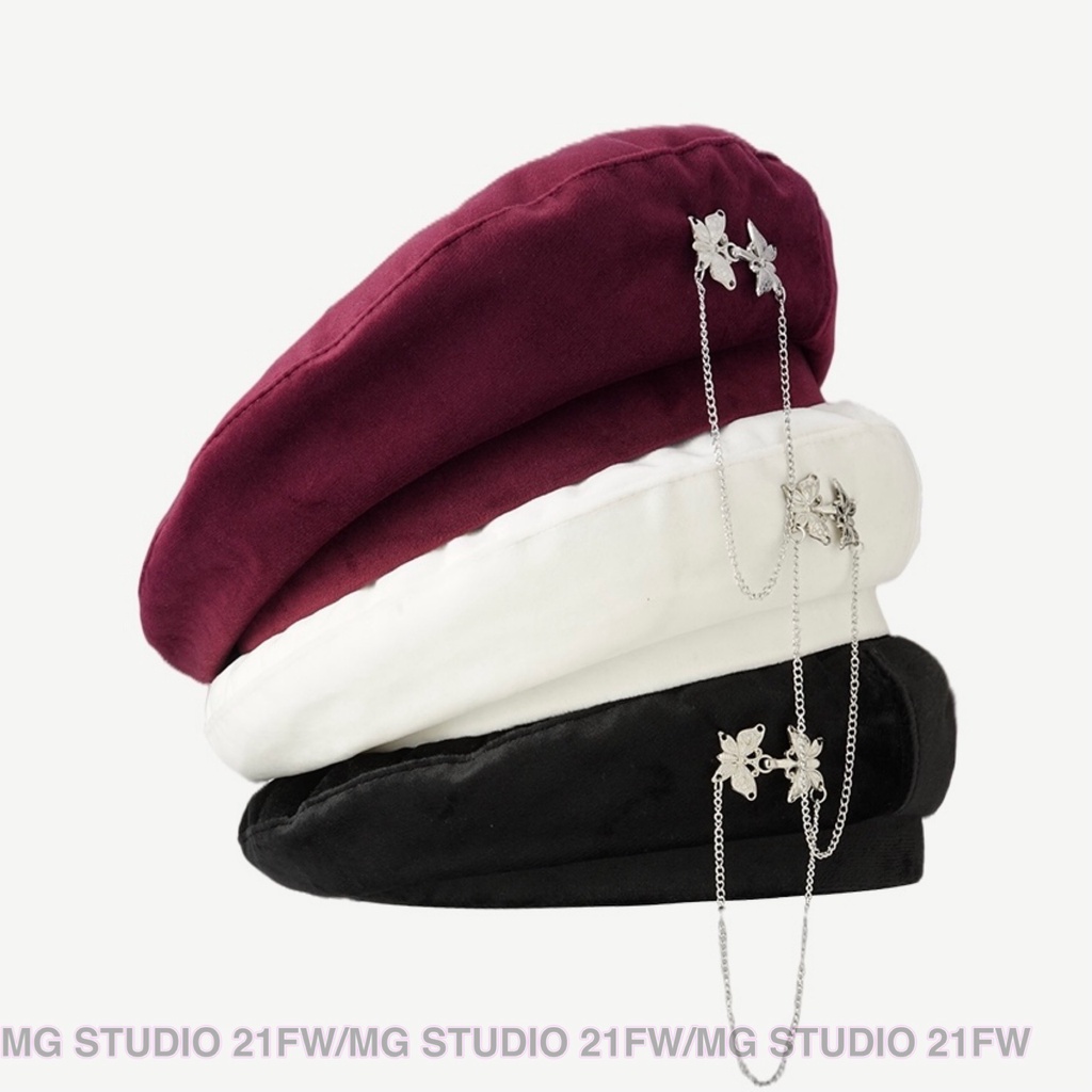 Mũ beret MG STUDIO trang trí nút hình bướm bạc 3 màu sắc tuỳ chọn